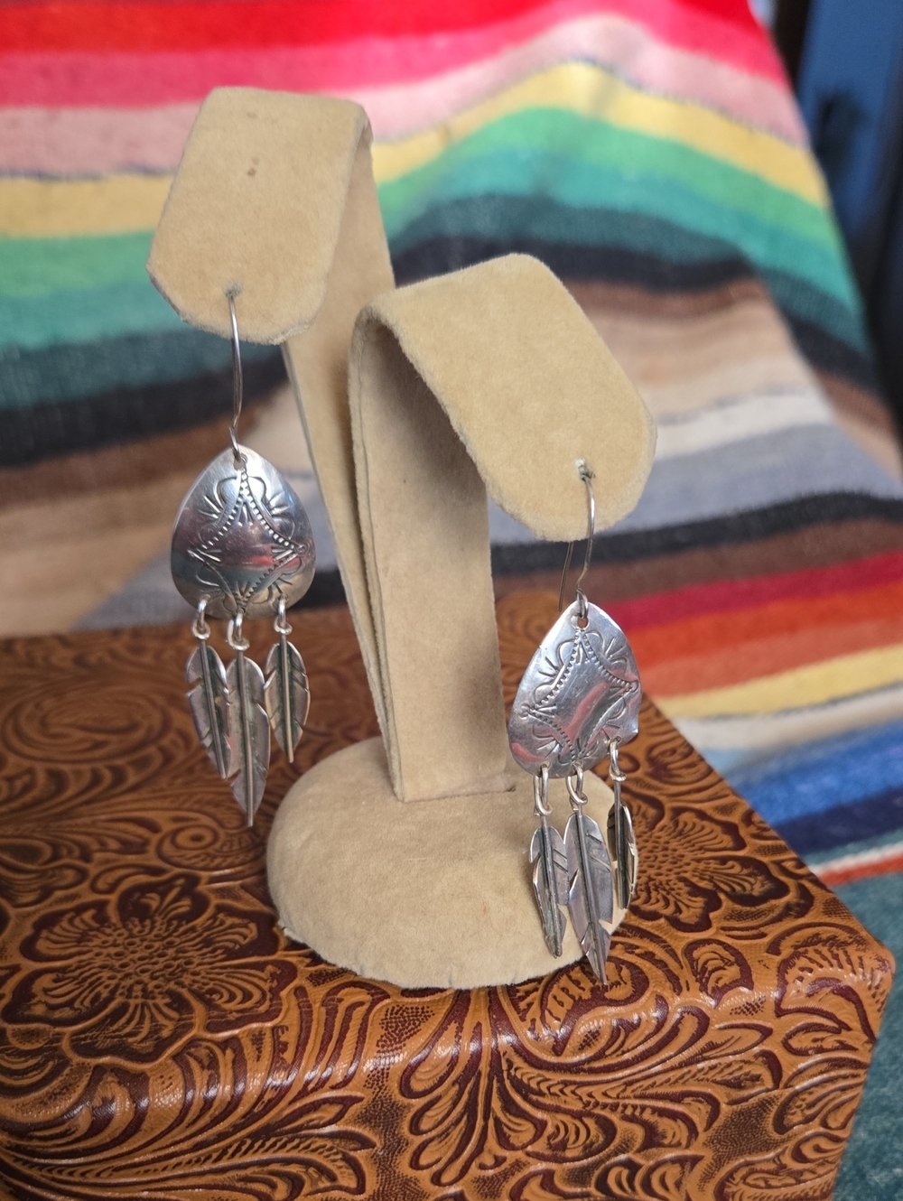 Vintage Native American, Southwest  dangling Feather Shield, pierced Earrings